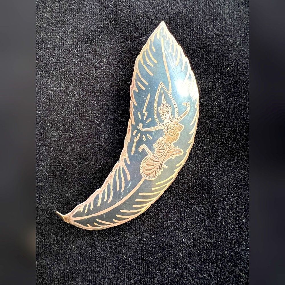 Vintage Sterling Silver & Black Enamel Niello Siam Feather Brooch